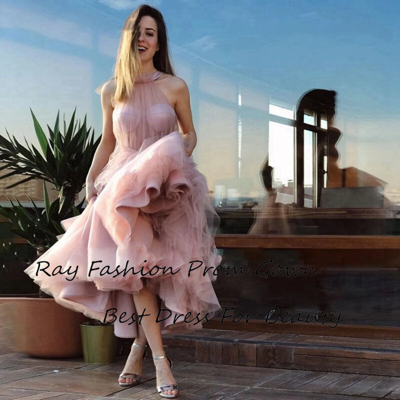 Romantic A Line Ankle Knee Length Party Dress Tulle Halter Neck Sleeveless Formal Prom Gowns Vestido De Fiesta For Women