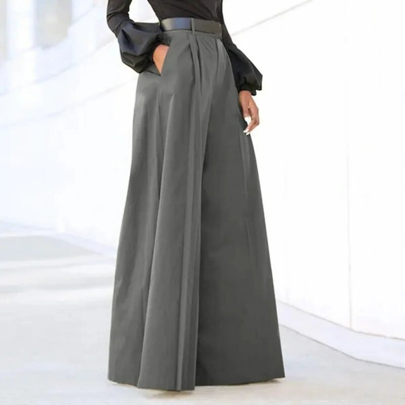 กางเกงขายาวแฟชั่นสีพื้นกางเกงขายาวสไตล์ยุโรปและอเมริกาสำหรับผู้หญิงกางเกงขาม้าหลวมเอวสูงสง่างาม