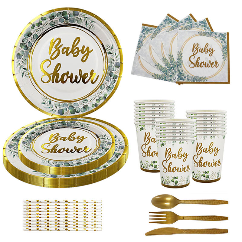 10 gości Baby Shower złoty list papierowe talerze i kubki serwetki dekoracje imprezowe jednorazowe zastawy stołowe dla materiały urodzinowe