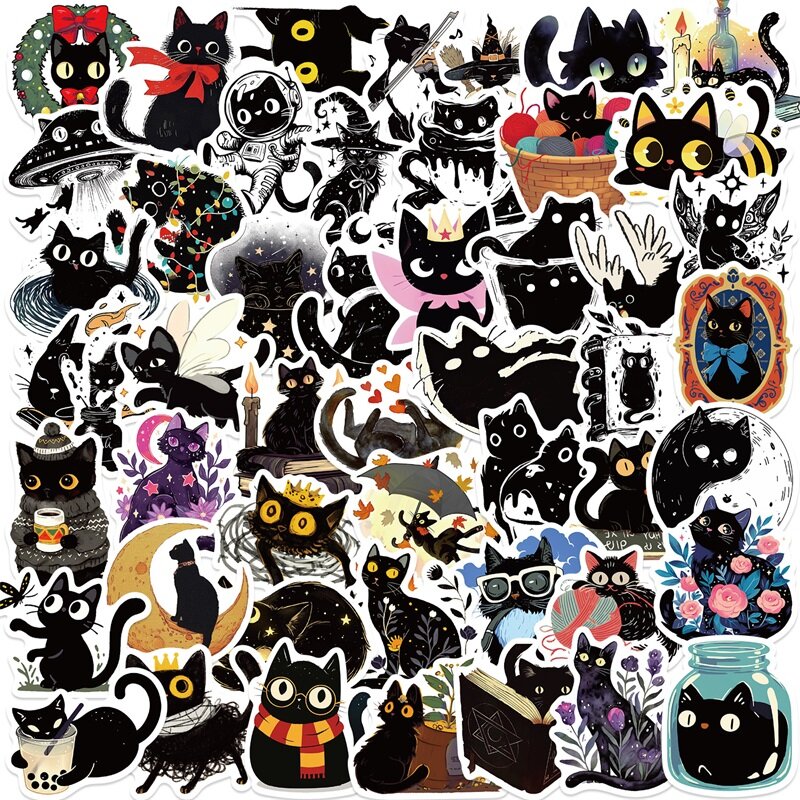 10/30/50PCS Cartoon Black Star Cat PVC Sticky Sticker Aesthetic DIY Stationery Decoration Scrapbooking School Supplies for Kids