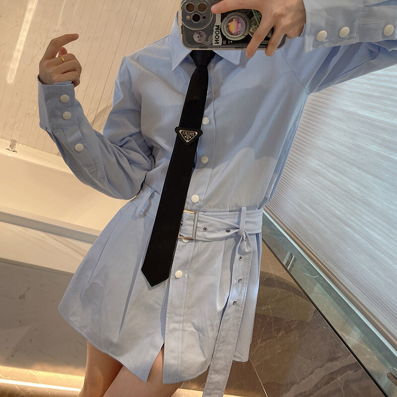 High Quality Korean Fashion TB Designer Blue Love Shirt A-Line Pleated Dress Long Sleeve Dress Shirt Dress Women's Gift Tie