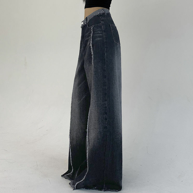 Jeans Gradient Hairy Cuffed Waistband Women'S American Loose Fit Covering Muscles Slimming Floor-Length Wide Leg Pants
