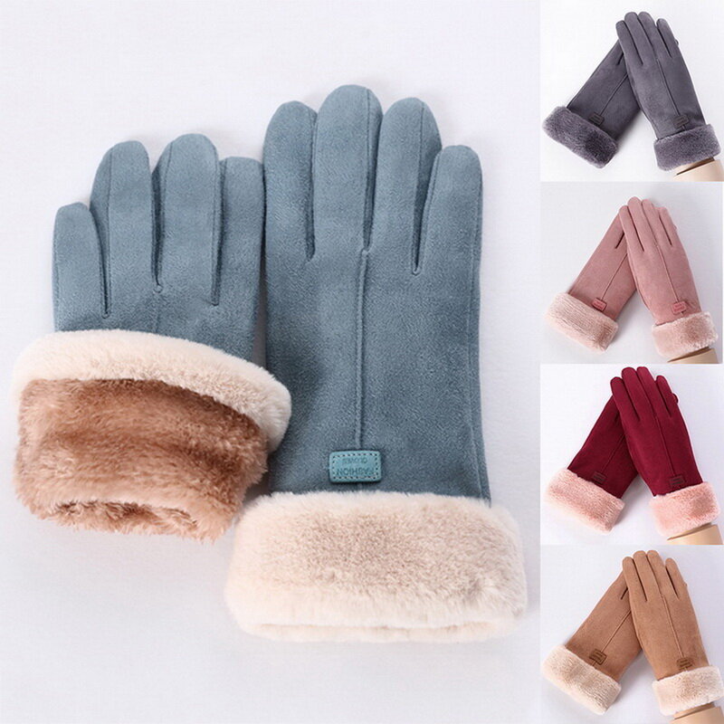 Winter Female Cashmere Warm Suede Leather Cycling Mittens Double Thick Velvet Plush Wrist Women Touch Screen Driving Gloves