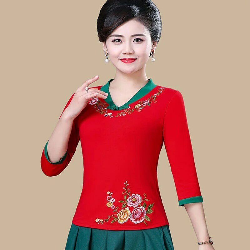 เสื้อกี่เพ้าขนาดใหญ่พิเศษของผู้หญิงเสื้อ2024ชุดเต้นรำสไตล์จีนผ้าคอตตอนปักลายคอวีฤดูร้อน