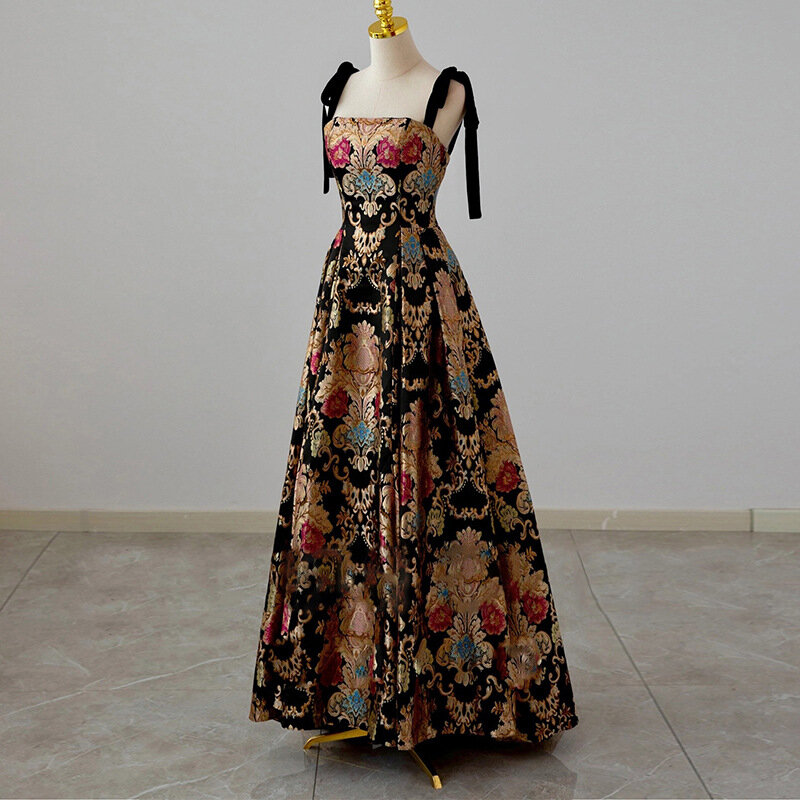 Jacquard Fabric Evening Dresses Spaghetti Strap A-line Evening Gown Vintage Elegant Party Dress Plus Size Abendkleider