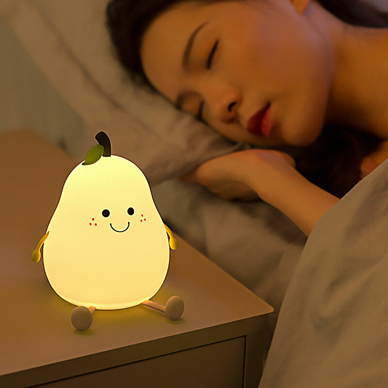 LED Pear Fruit Night Light USB ricaricabile 7 colori dimmerabile Touch lampada da tavolo in Silicone Cartoon Cute Bedroom Decor lampada da comodino