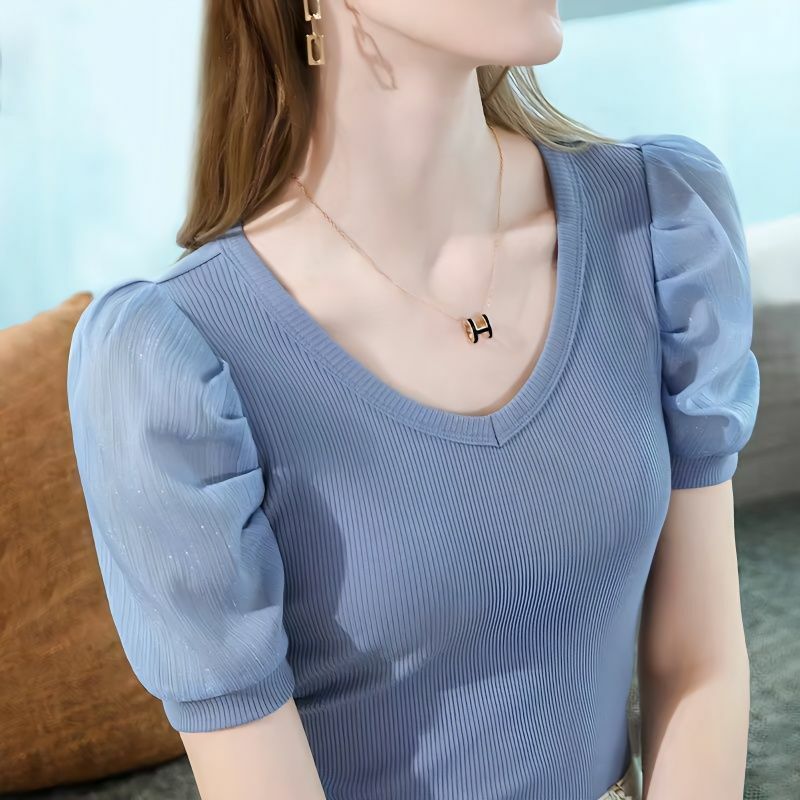 Summer Fashion New Korean V-neck Short Sleeved T-shirt Women's Solid Patchwork Gauze Elegant Simple Slim Bubble Sleeve Thin Top