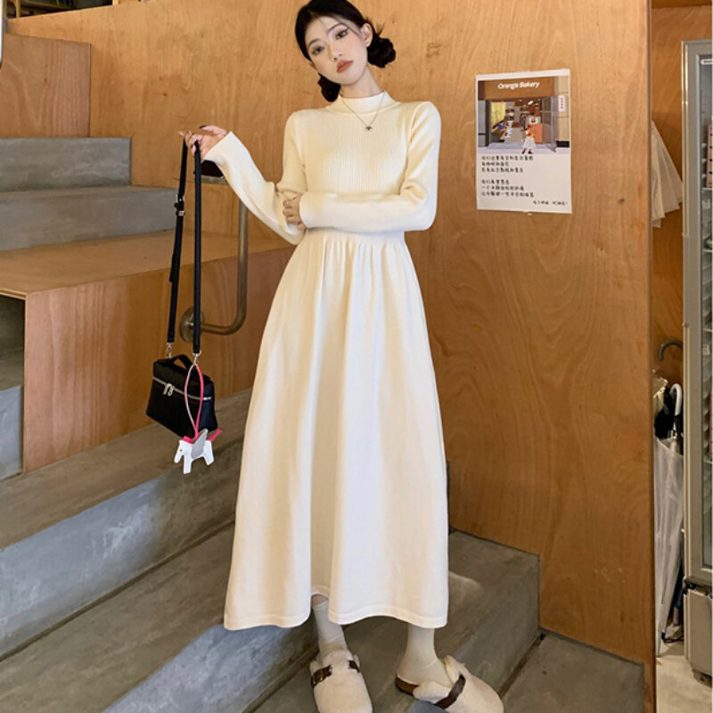 Korean Fashion 2 Piece Suit for Women Tweed Jacket Long Sleeve Single Breasted Top and Half-high Neck Knitted Long Dress Outfits