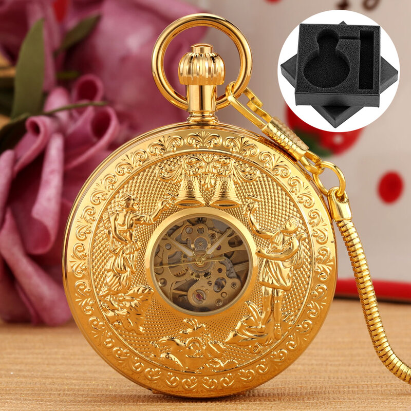 Gift Box Automatic Men's Mechanical Pocket Watch Gold Copper Double Sides Cover Fob Chain Antique Self Winding Timepiece Male