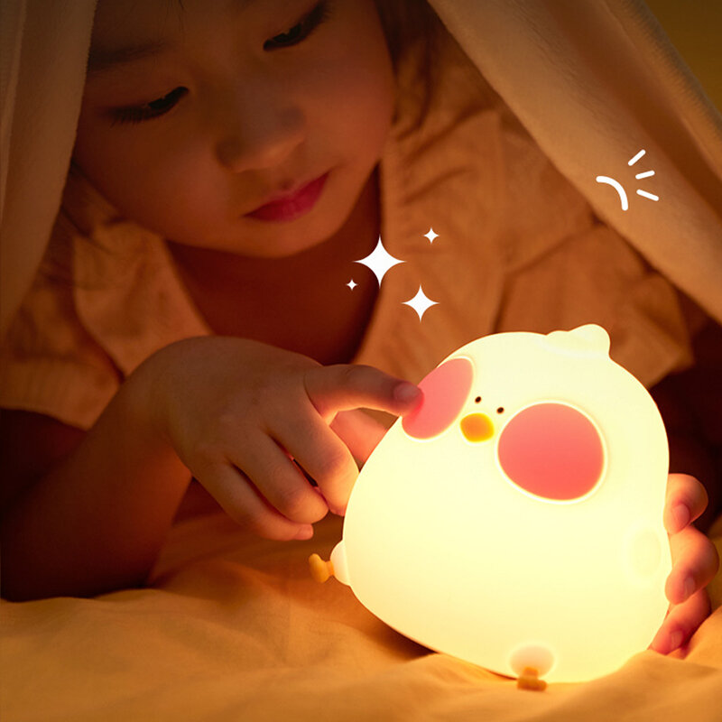 Lampu malam LED untuk anak-anak, kartun anak ayam, binatang silikon, Sensor waktu sentuh, dapat diisi ulang USB, kamar tidur, lampu samping tempat tidur, hadiah
