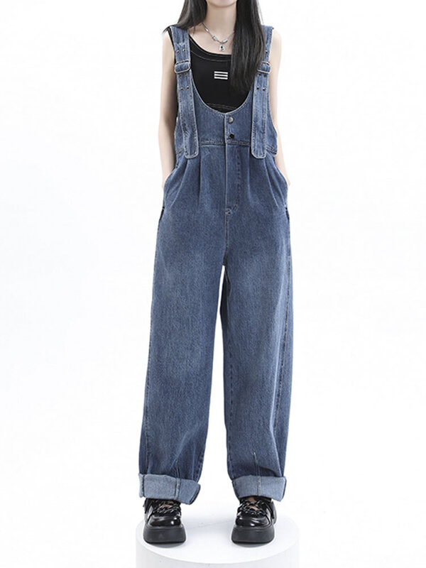 Женский джинсовый комбинезон на бретелях Y2k, винтажная уличная одежда, широкие брюки с дырками, повседневный мешковатый джинсовый комбинезон