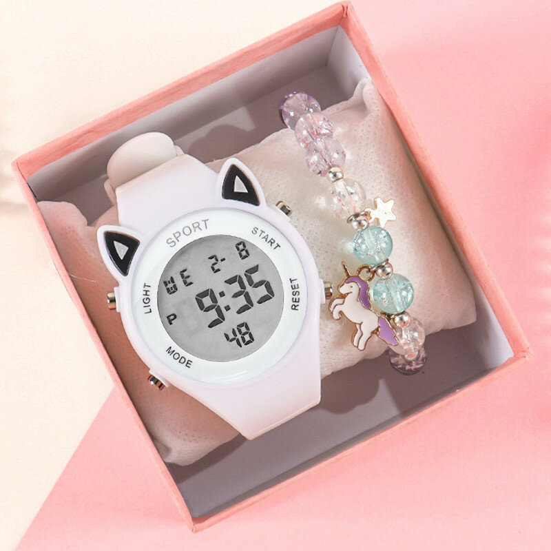 [Часы + браслет] Детские Силиконовые часы с кошачьими ушками, многофункциональные спортивные электронные часы, Набор браслетов с единорогом