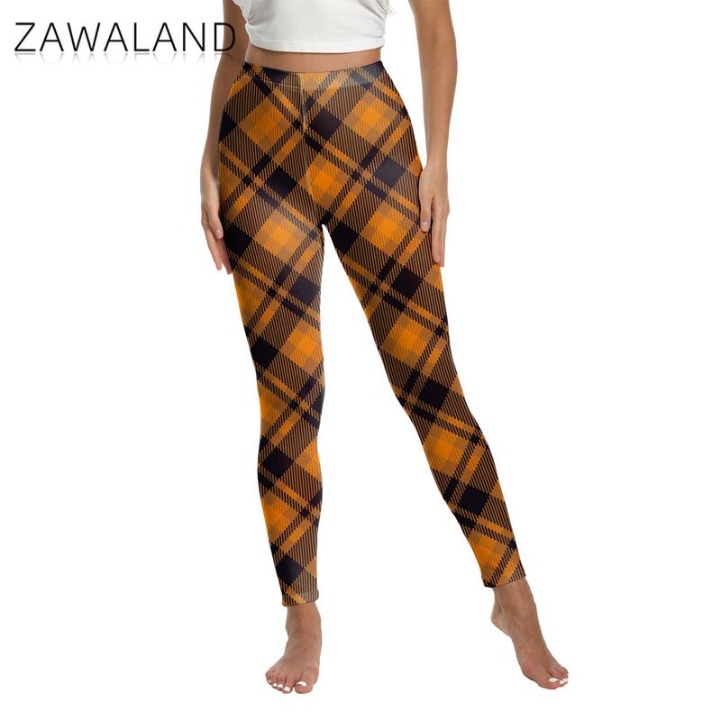 Zawaland-Leggings con estampado 3D de tartán amarillo para mujer, pantalones a rayas para Halloween, medias elásticas, pantalones largos de cintura media