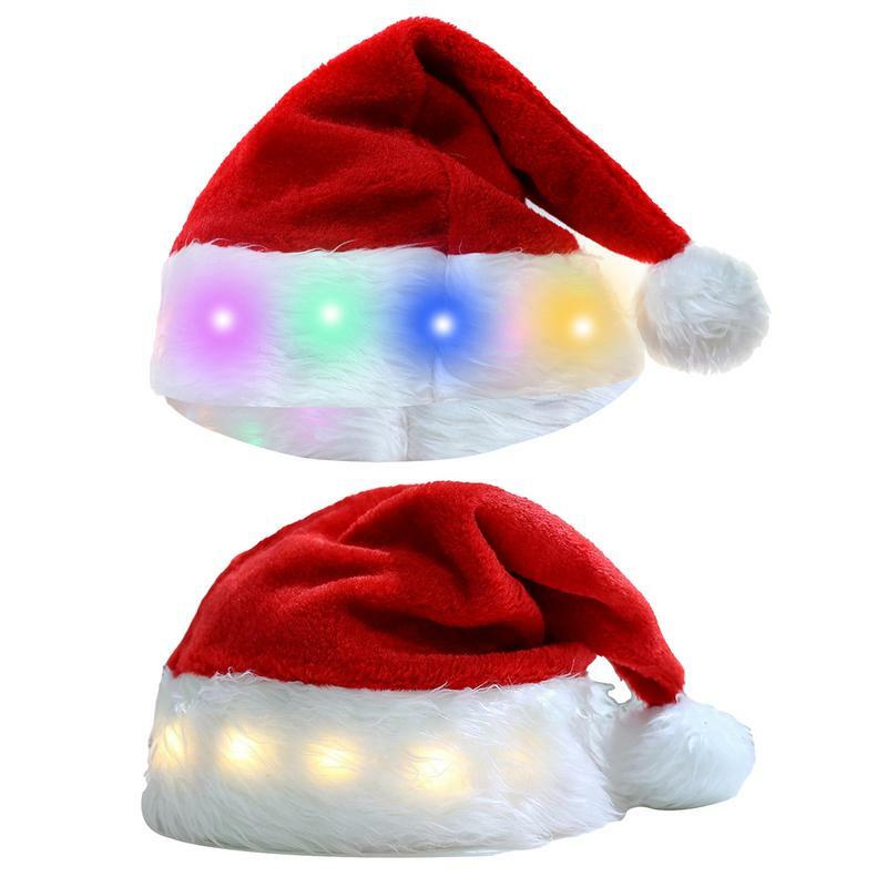 Novelty Plush Santa Hat Santa Claus Hats with LED Lights Christmas Hat for Party Costume Funny Santa Hat Christmas Holiday Hat