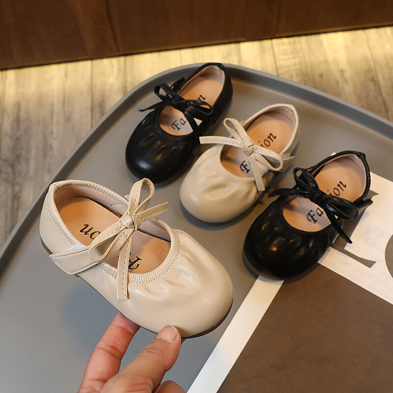 Zapatos de cuero para niña, calzado de princesa con lazo, color negro, plisado, plano, Otoño, 2023