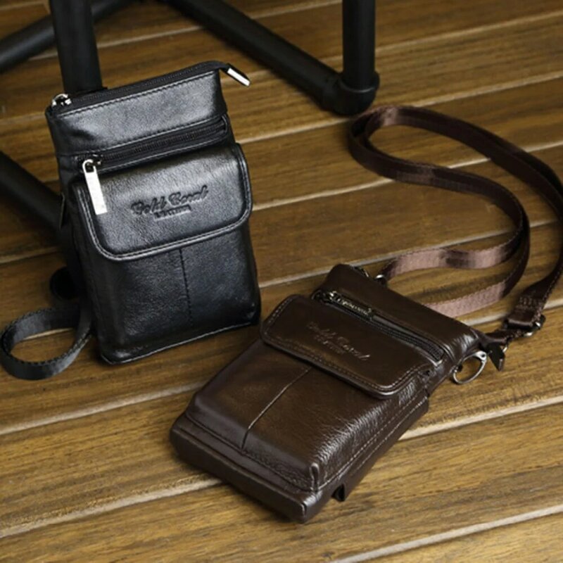 High Quality Genuine Leather Men Fanny Waist Hook Pack Cell Mobile Phone Case Small Messenger Shoulder Cross Body Belt Bag