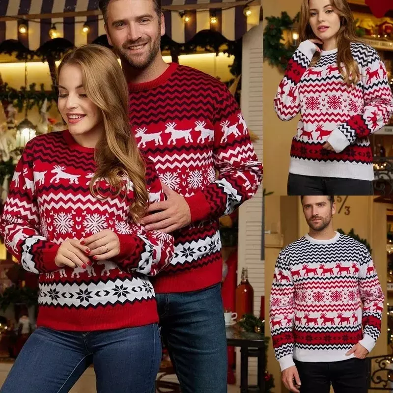 Рождественский вязаный свитер, одежда для пар, зима 2023, Мужской Женский жаккардовый пуловер свободного покроя с круглым вырезом и длинными рукавами, джемпер