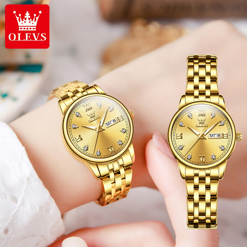 OLEVS-Relógio Quartzo de Luxo Dourado para Mulher, Aço Inoxidável, Impermeável, Semana, Calendário, Moda, Marca