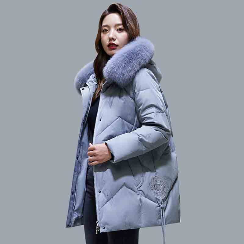 Manteau long en duvet élégant pour femme, col en fourrure à capuche brodé, poche chaude, 5XL, nouvelle mode, hiver, 2022