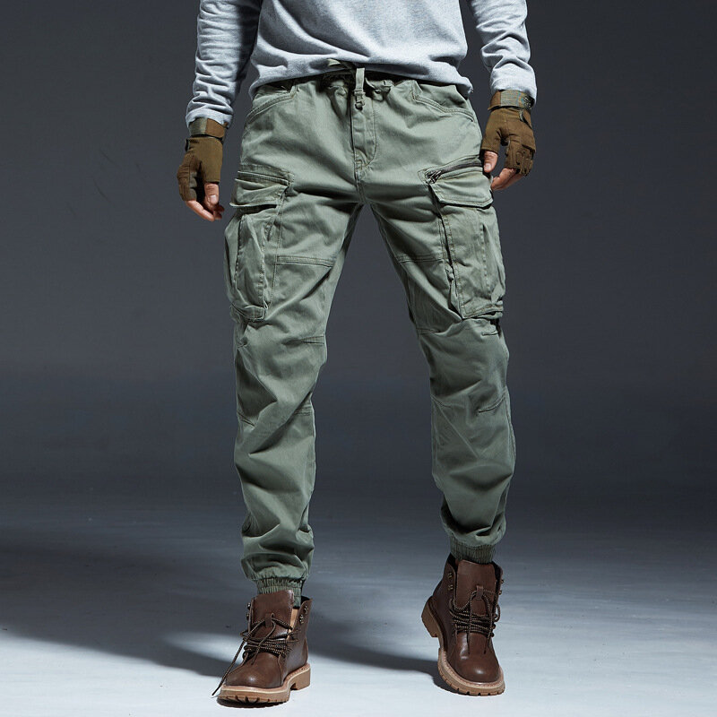 Calça jeans cargo longa masculina, bolsos grandes de algodão, cintura elástica, calça de inverno masculina, calça tática grossa, calça de jogging
