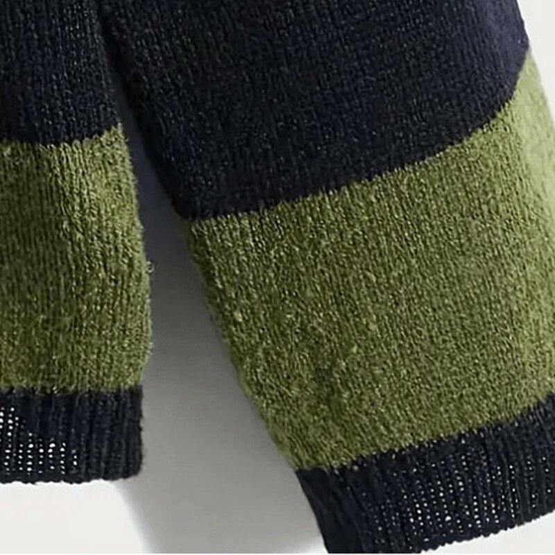 Suéter listrado de manga comprida masculino, verde e preto, gola redonda, pulôver de malha grande, blusa casual, top quente, outono, inverno