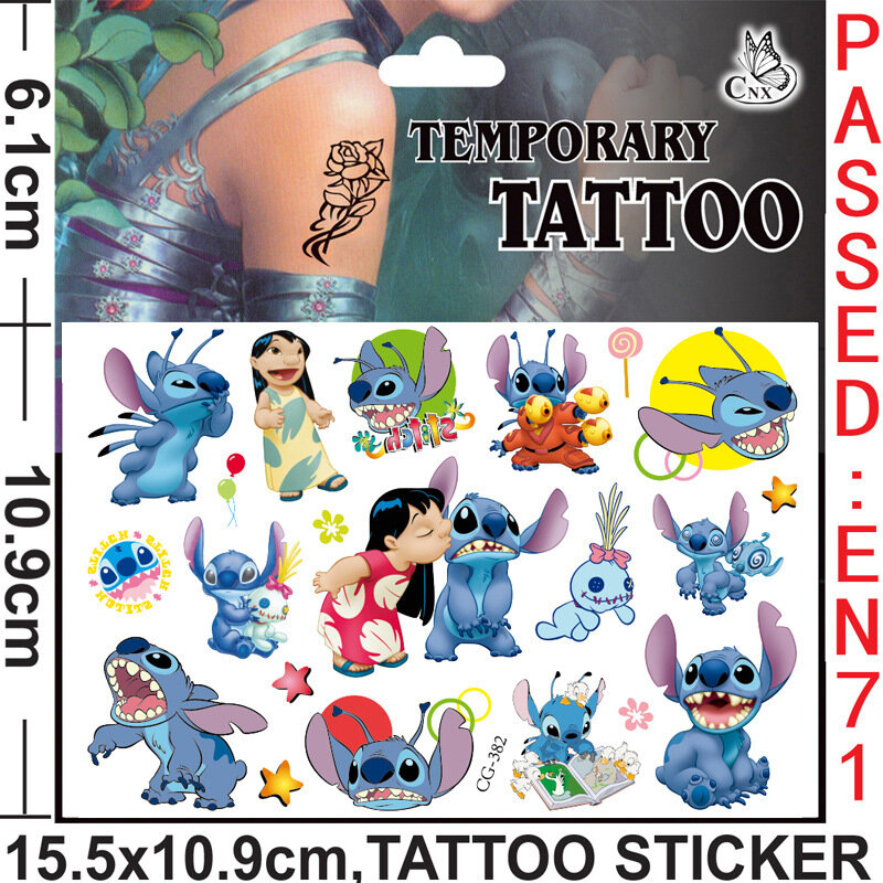 Random 2 Stuks Disney Stitch Tattoo Sticker Anime Film Lilo Stitch Waterdicht Kawaii Cartoon Sticker Kids Girls Verjaardag Speelgoed Cadeau