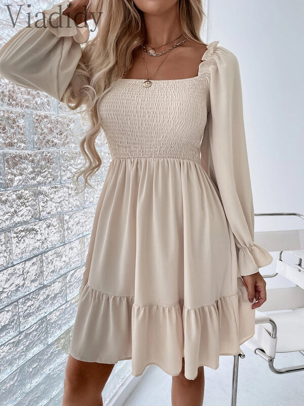 Women Casual Solid Color Puff Sleeve Square Neck Shirring High Waist Ruffles A-line Dress