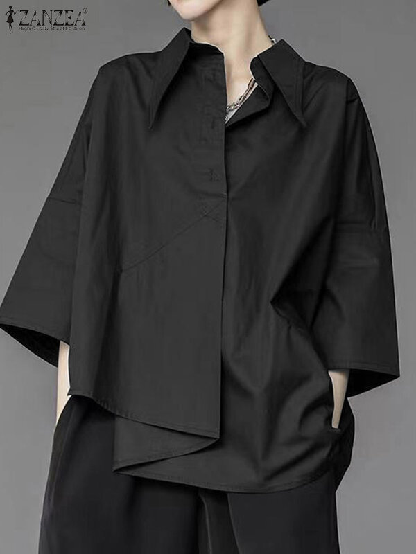 Женская Весенняя рубашка ZANZEA, модные повседневные свободные топы с отложным воротником и рукавом 3/4, однотонные офисные блузы, асимметричный дизайн, блузка