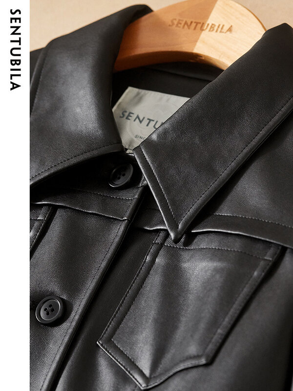 Sentubila 여성용 짧은 PU 가죽 재킷, 빈티지 긴팔, 루즈 블랙 크롭 코트, 스트리트웨어, 2023 봄, 가을, 겨울