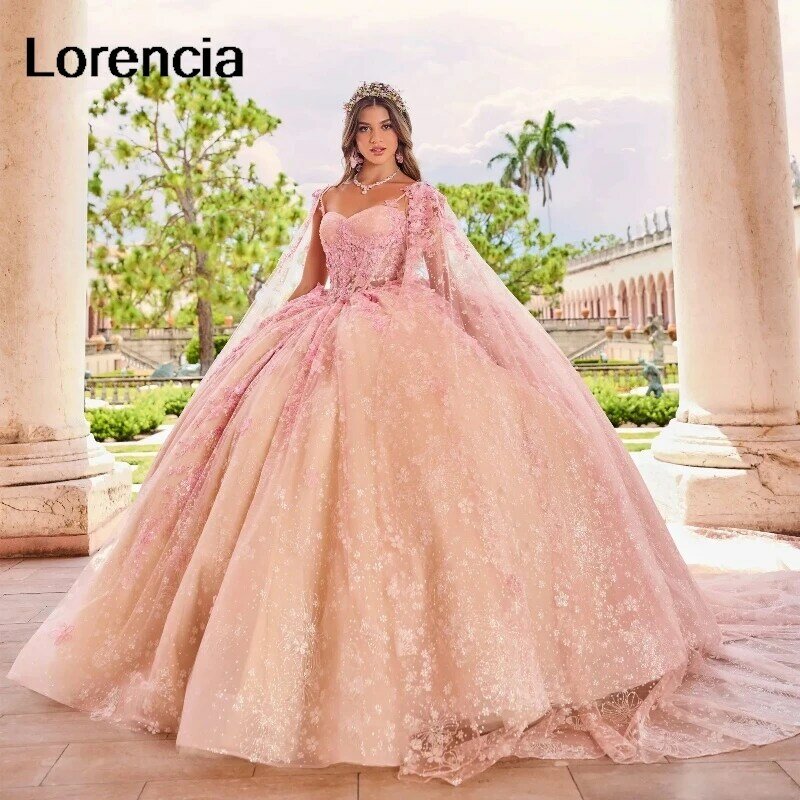 Lorencia Prinzessin rosa Quince anera Kleid Ballkleid mit Umhang 3d Blumen Schmetterling Applikation süß 16 vestidos de 15 años yqd684
