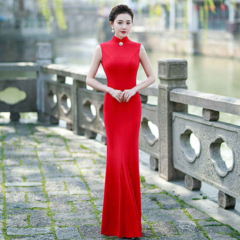 Qipao largo de fiesta de noche rojo para mujer, vestido Sexy de Modal para espectáculo, Cheongsam para dama, cuello chino mandarín, talla grande 5XL