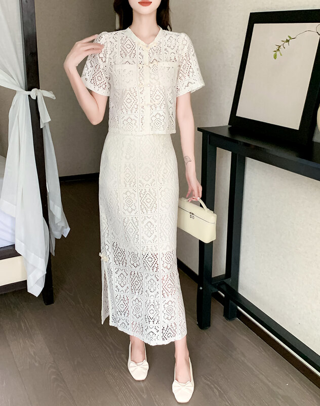 Women Two Piece Sets Summer 2024 New Knitted Short Sleeve Lace Hollow Out O-Neck Beige Apricot Color Top Shirt Skirt Suit