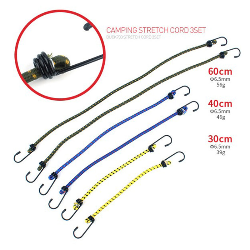 Elastic Bungee Cord Set, Correias de bagagem, Ganchos de corda, Stretch Tie, Ao Ar Livre, 30cm, 40cm, 60cm, 6Pcs