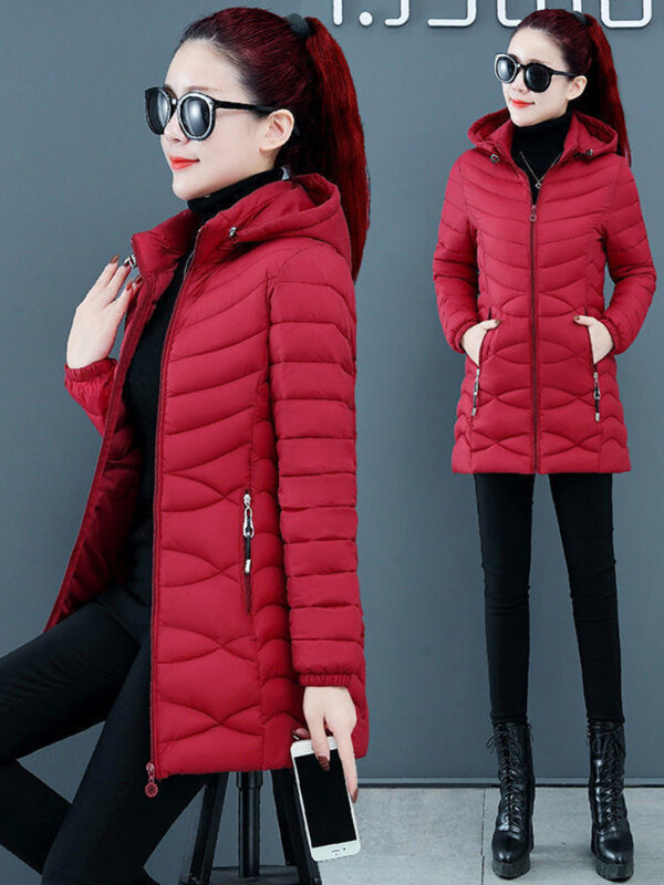 Abrigo largo y cálido para mujer, chaqueta ultraligera de algodón con capucha, ropa gruesa hasta la cadera, invierno, 2023