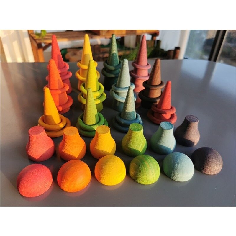 Kids Wooden Blocks Trees Rainbow  Forest Mushroom Stacking Rings Open-ended Toys