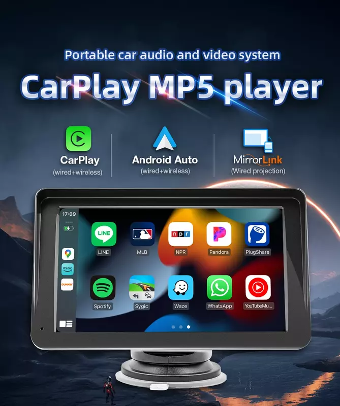 Écran de voiture sans fil universel Android Auto Carplay, 7 pouces, limitation automobile avec USB AUX pour caméra de recul