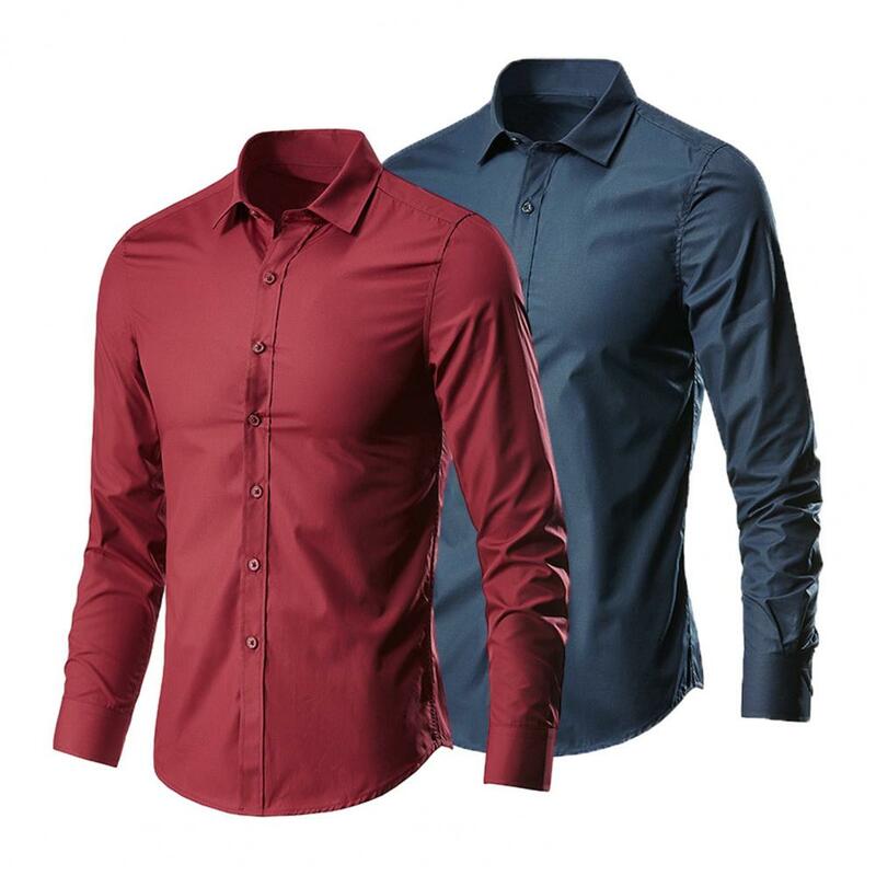Camisa de poliéster elástico slim fit masculina, camisa de negócios, gola virada para baixo, mangas compridas, design monocromático, mais