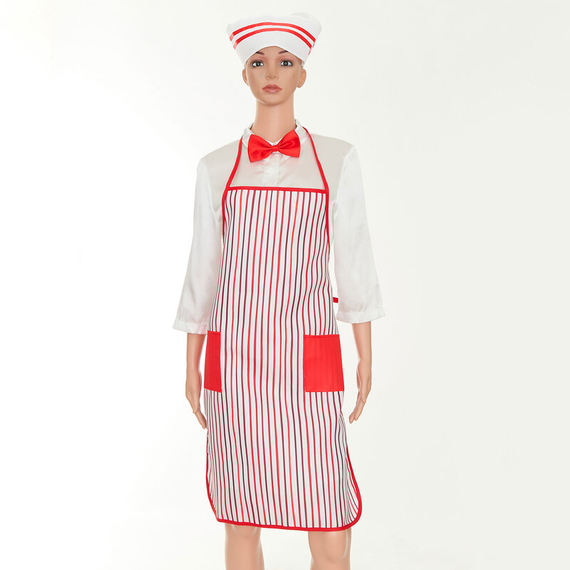 Kitchen Chef Restaurant Waiter Costume Props Striped Apron with Pockets Bowtie And Hat 3-piece Accessories for Halloween Cosplay