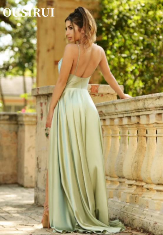 OUSIRUI gaun punggung terbuka gaun panjang Satin tali Spaghetti gaun pengiring pengantin hijau Mint gaun malam musim panas belahan samping seksi untuk wanita