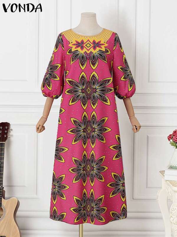 Plus rozmiar 5XL VONDA Maxi sukienka 2023 kobiet letnia Sundress boho Vintgae Lantern rękaw kwiatowy nadruk długie przedsionki