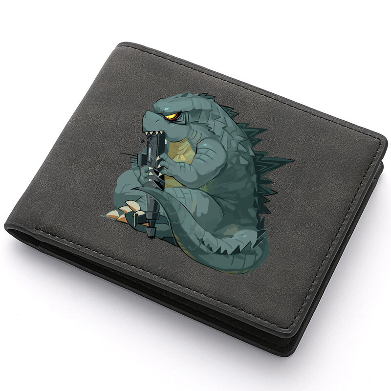 Portefeuille court en cuir PU pour homme, sac à main avec fermeture éclair, porte-photo multifonctionnel, porte-monnaie, cartes de crédit, Kawaii Monster Godzillas
