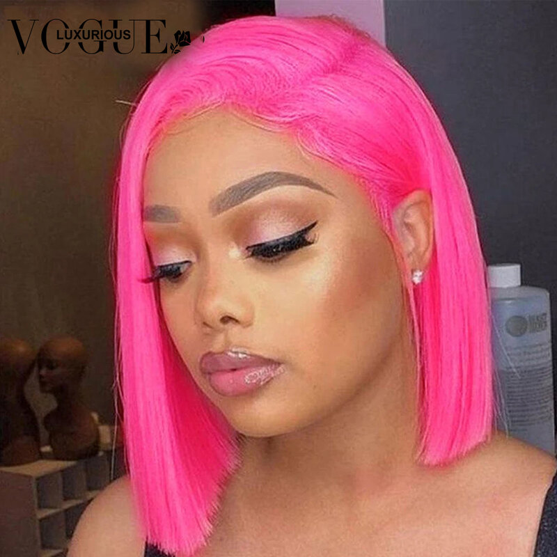 Straight Short Bob Pixie Cut Mint Green Rose Hot Pink Colored Human Hair Wigs 5X5 Closure Glueless Wig Brazilian Ready To Wear