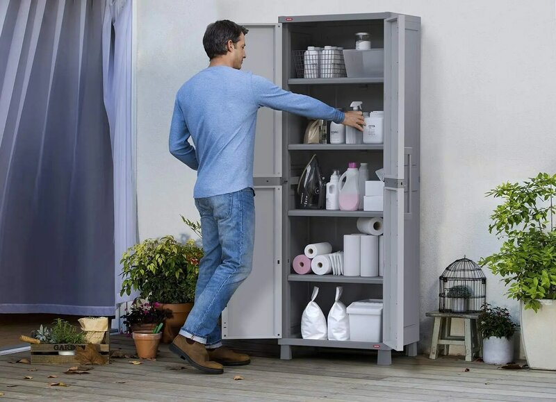 Storage Cabinet with Doors and Shelves for Tool, Home Organization,Large, White & Grey
