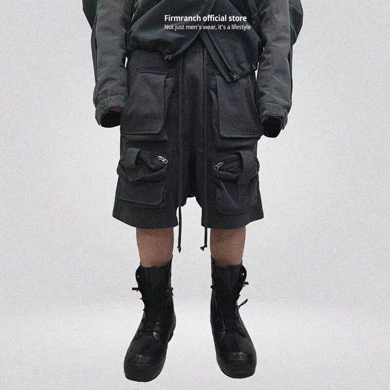 Firmranch-pantalones cortos holgados informales para hombres, pantalones tácticos con múltiples bolsillos, cintura elástica, moda coreana Retro, Verano