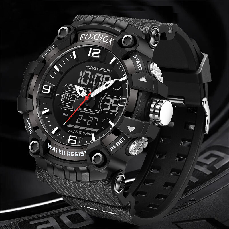Foxbox-男性用クォーツ時計,シリコンブレスレット,スポーツ腕時計,防水アラーム,アナログデジタル