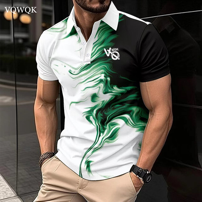 VQWQK Men's short-sleeved polo shirt, printed clothing, fashionable casual top, summer streetwear, new ink