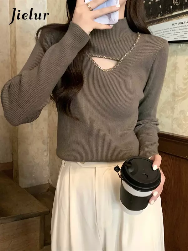 Jielur 여성용 슬림 풀오버, 스위트 숙녀, 우아한 풀오버, 심플한 기본 블랙 화이트 살구색 스웨터, 가을 신상
