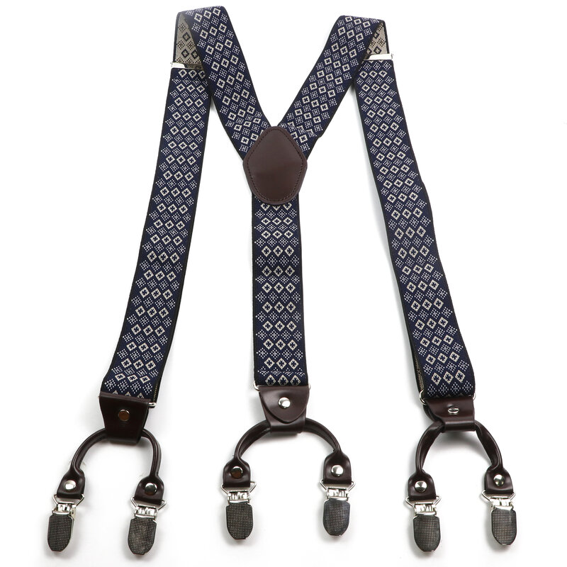 Suspender y-back 6 klip pria, tali selempang klasik warna Solid pola kunci Piano bergaris tali elastis dapat disesuaikan untuk hadiah