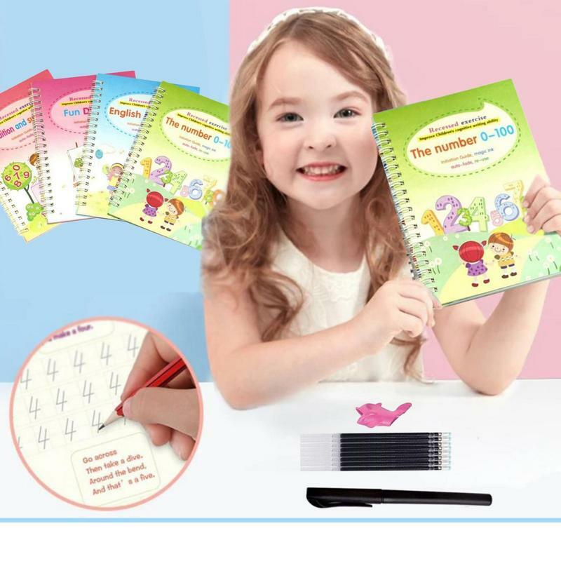 Libro de práctica de escritura a mano acanalada, 4 libretas de práctica reutilizables para niños, cuaderno de práctica de escritura a mano con diseño de ranura