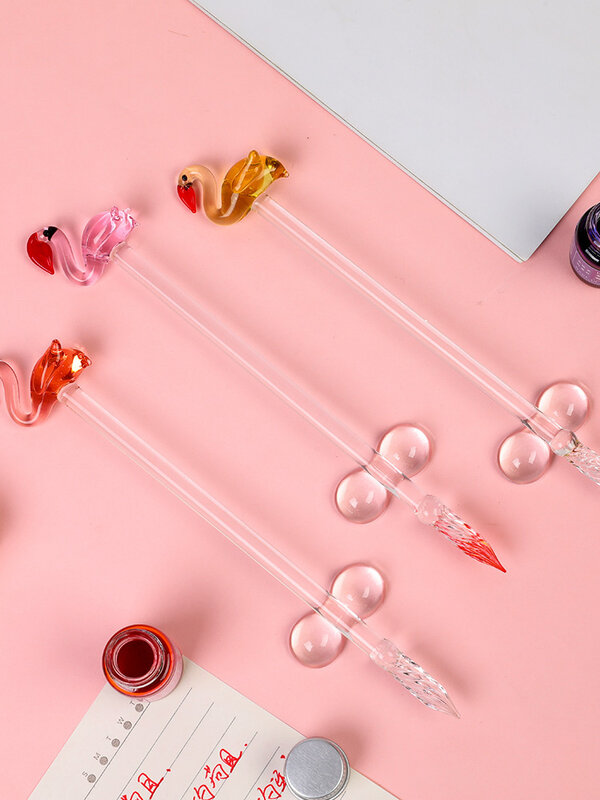 Handmade Flamingo Glass Dip Pen, caneta cristal para estudantes